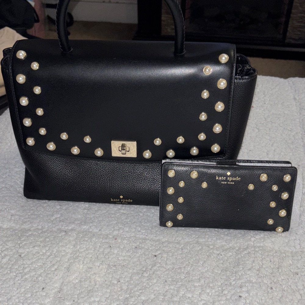 Kate spade black leather bag & wallet Serrano Place Pearl Dorina collection set